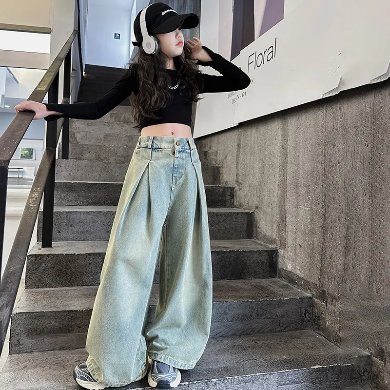 Girls\' pants Spring and Autumn 2024 new children\'s westernized street wide leg pants Korean version versatile long pants trend