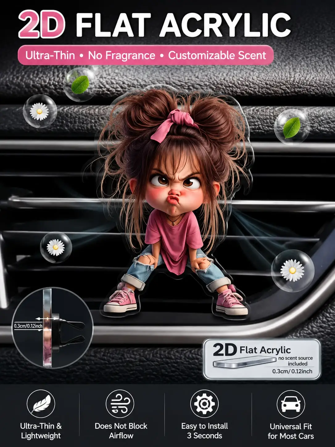 Cute 2D Acrylic Car Air Vent Clip, Flat Aromatherapy Diffuser Holder, Funny Girl Auto Interior Decoration, No Scent Included