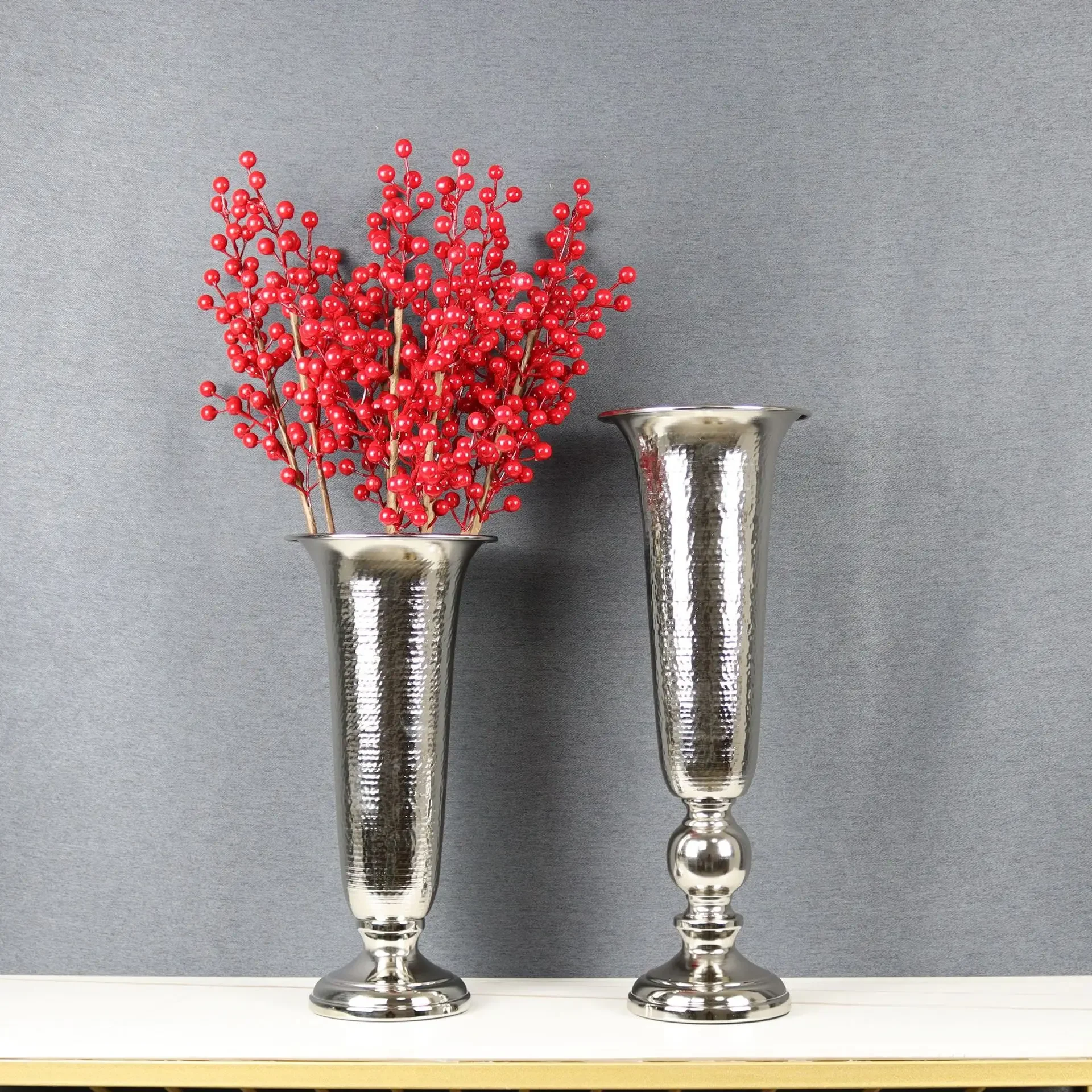 Metal Vase Open Horn Shape Flower Vase Floral Arrangement Accessories Tall Flower Pot Striped Metal Ornaments Home Decoration