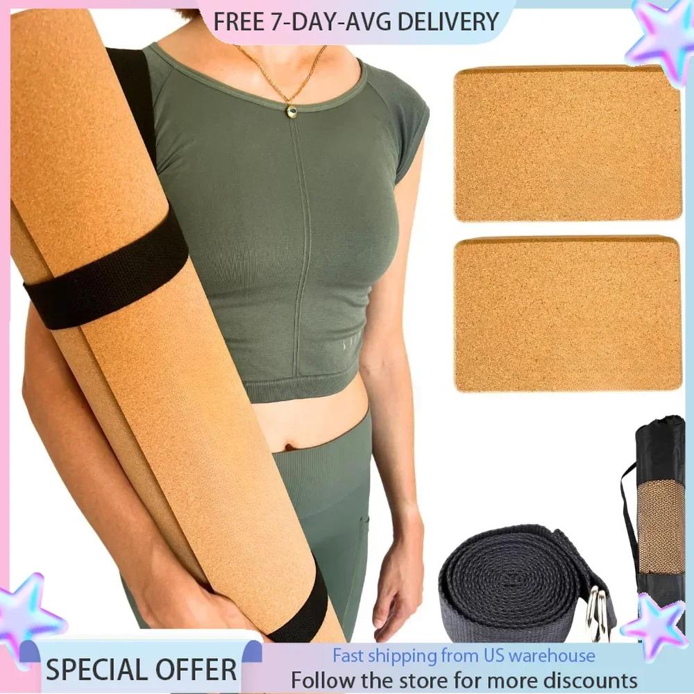 Premium Cork Yoga Kit 5-pieces, Lightweight Cork Yoga Mat, 2 Cork Blocks, Strap & Bag, Eco-Friendly, Customized Home Gym