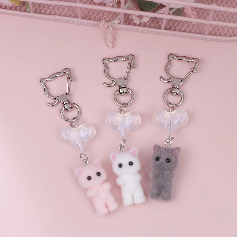 3D Cartoon Flocking Cat Keychain Cute Flocked Little Cat Animals Keyring Bag Pendant Backpack Charms Car Decor Accessories