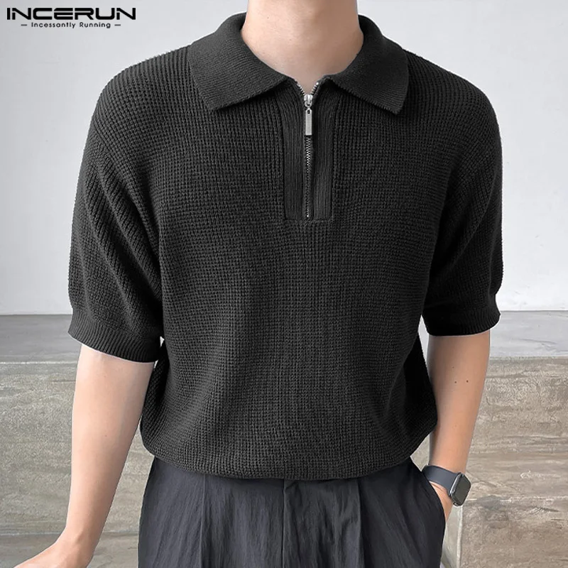 INCERUN Tops 2024 Korean Style Men\'s Knitted Zippered Lapel Design Shirts Leisure Simple Comfortable Short Sleeved Blouse S-5XL