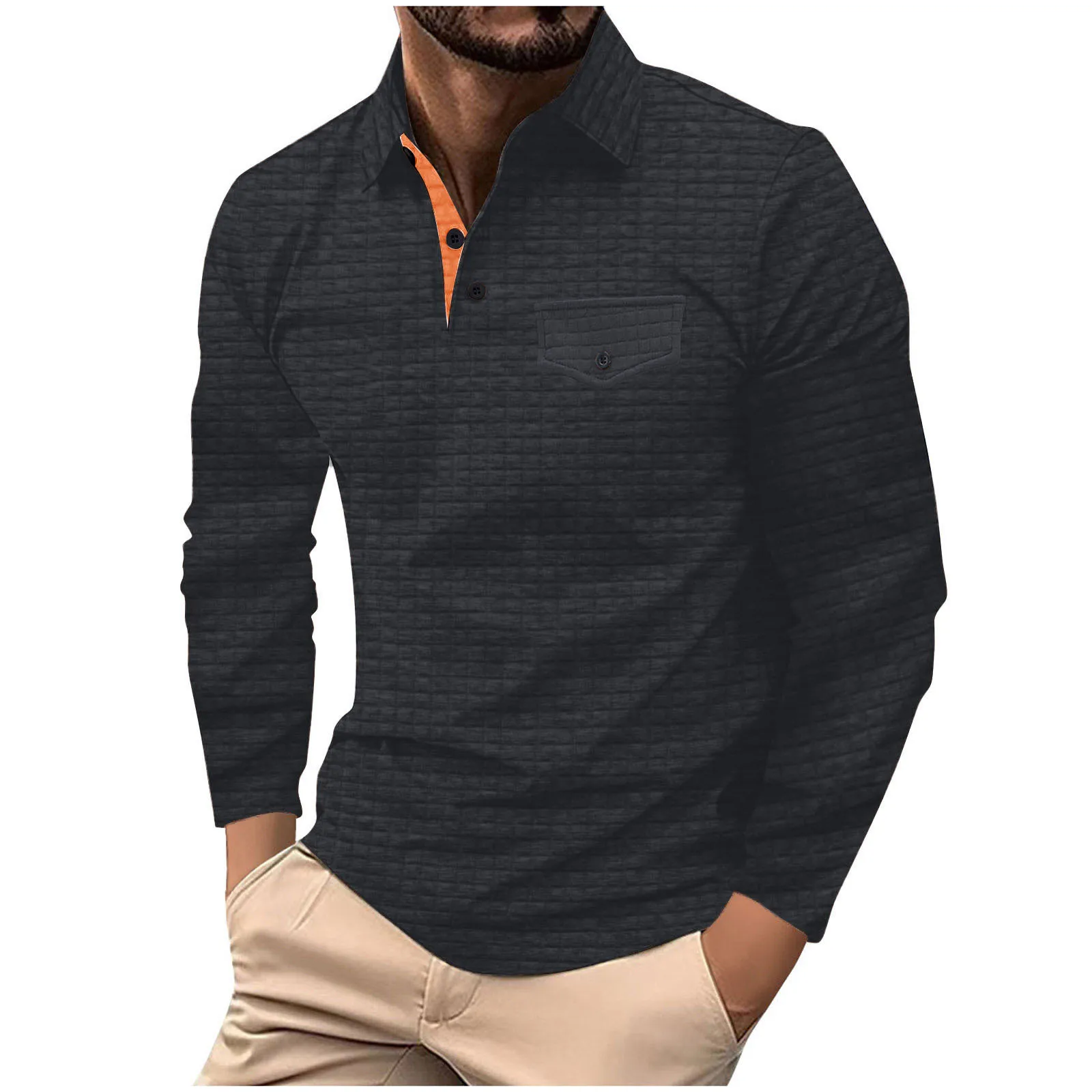 Cross border Spring and Fall men's slim-fit long-sleeved plaid POLO shirt with button pocket sports fitness polo shirt