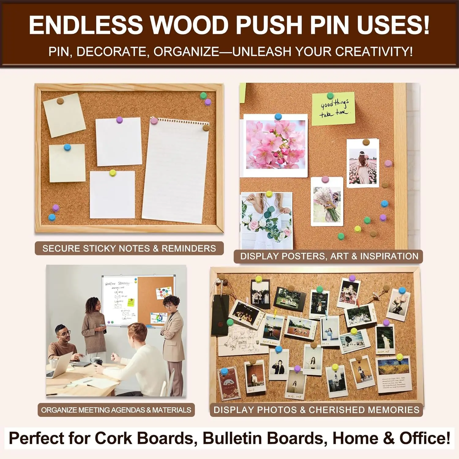 20/60Pcs Wooden Push Pins Thumb Tacks for Decorative Wall Bulletin Board Map Pins Natural Wood Color image 5