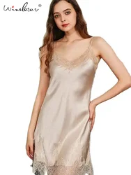 2024 Women's V-Neck Backless Pajamas,100%Real Silk Satin Sexy Lace Nightgown,Home Clothes Night Skirt Sling Dress,P3N820QM