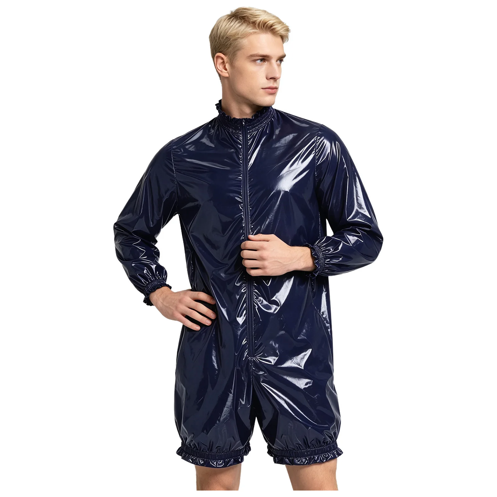 Herren Wasserdichter Vinyl-Bodysuit Badeanzug Langarm Vorderer Reißverschluss Kurze Hose Leotard Overall Gerüschter Windelüberzug Einteiler – Detail 10