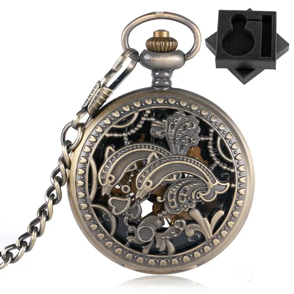 

Бронзовые полые двойные дельфины, ручные механические карманные часы, арабские цифры, циферблат, ретро, стимпанк, брелок-цепочка, кулон, часы, подарок