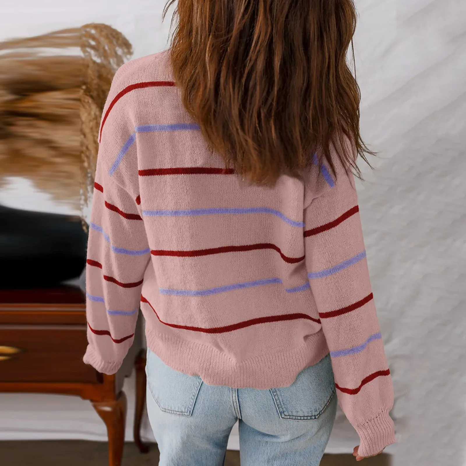 女性のカジュアルカラーストライププルオーバー長袖ルーズセーター Ropa De Mujer 冬服女性 Roupas Feminina トップ Mujer