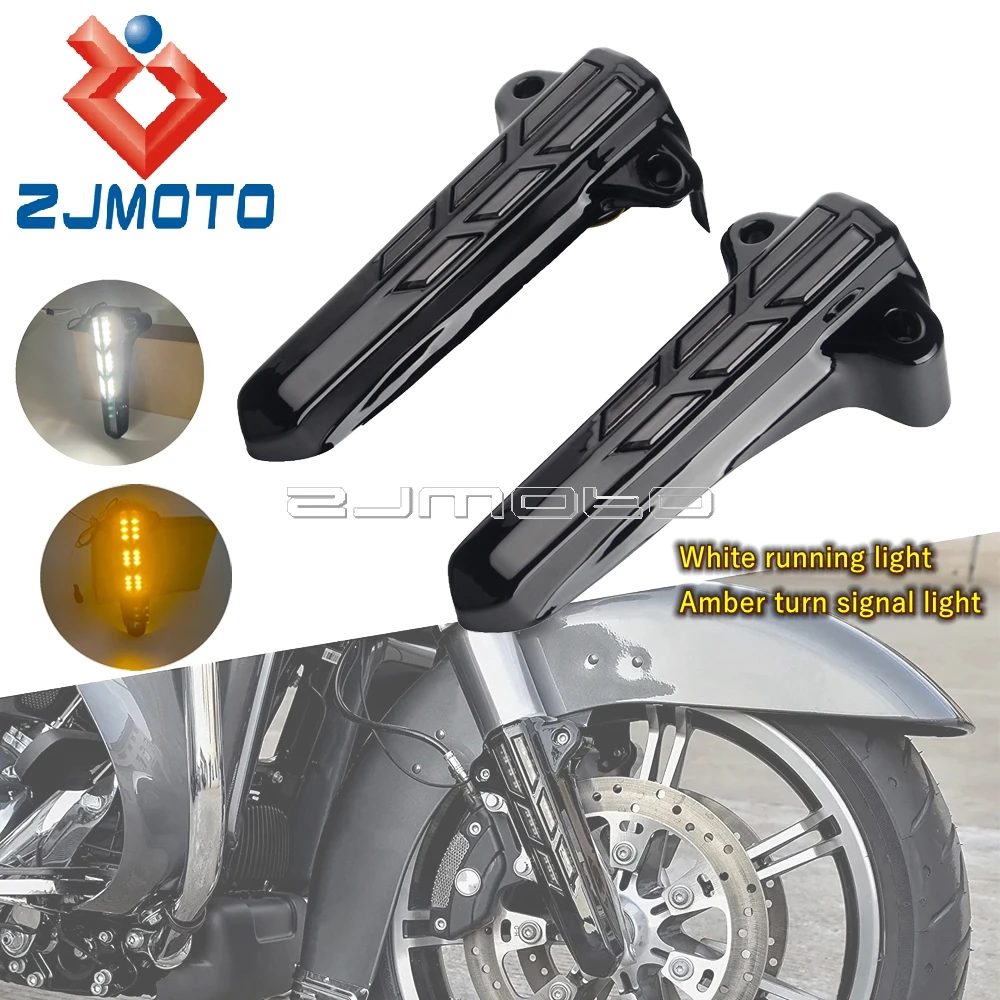 

Motorcycle Lower Fork Legs Cover LED Turn Signal Light DRL For Harley Touring Road King Electra Street Glide Ultra Limited 14-19