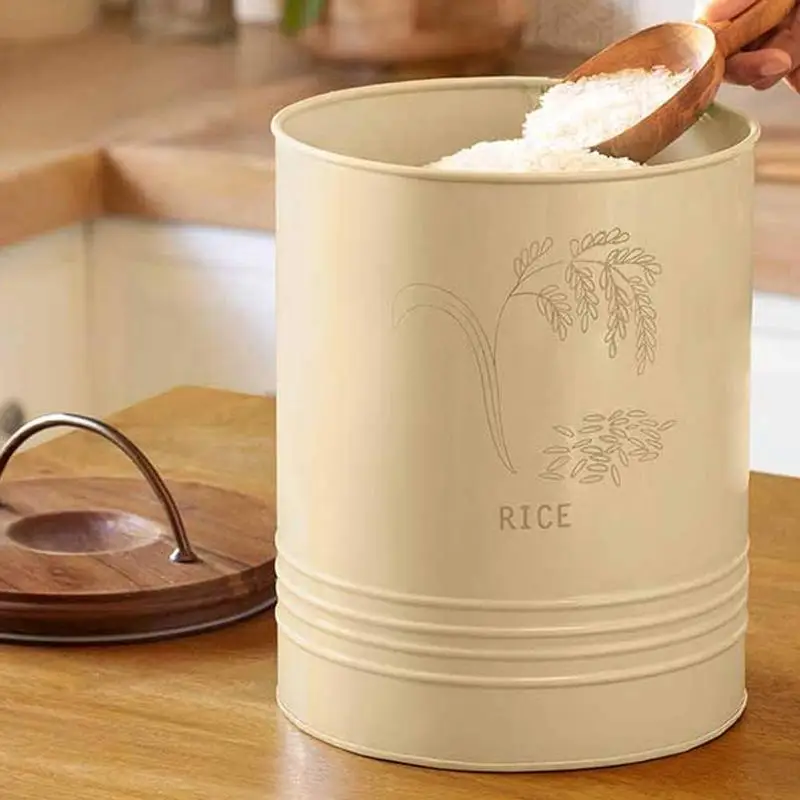 

Metal Rice Storage Barrel with Wooden Lid - Sleek and Durable Kitchen Canister - 8.6 x 8.6 x 11 inches, Perfect for Organizing