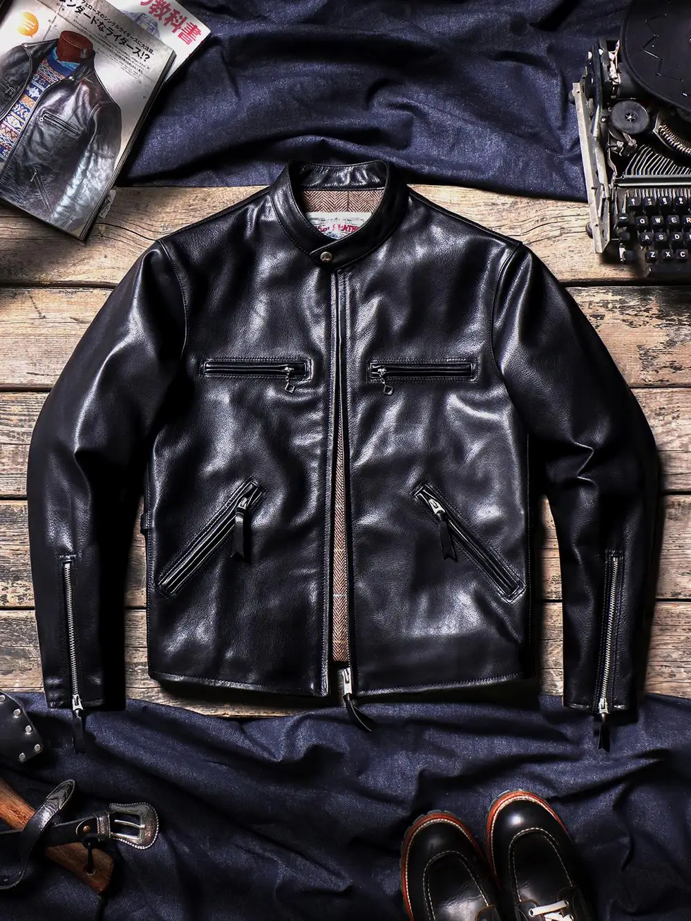 Tailor Brando American Retro Full Grain Waxed Cowhide J100 Stand Collar Short Men's Genuine Leather Motorcycle Jacket