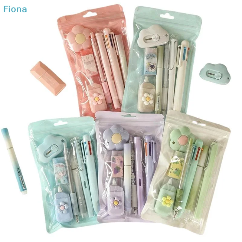 ☭Cute Aesthetic Stationery Set – Kawaii Pens, Mini Cutter & Flower Decor for School & Office Supplies