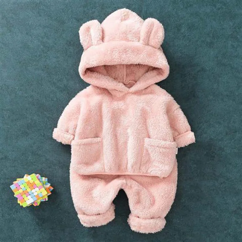 New Cute Baby Boys Girls Coral Velvet Warm Spring Autumn Winter Hoodied Clothes Sets Children Kids Thick Woolen Bear Hoody Suits