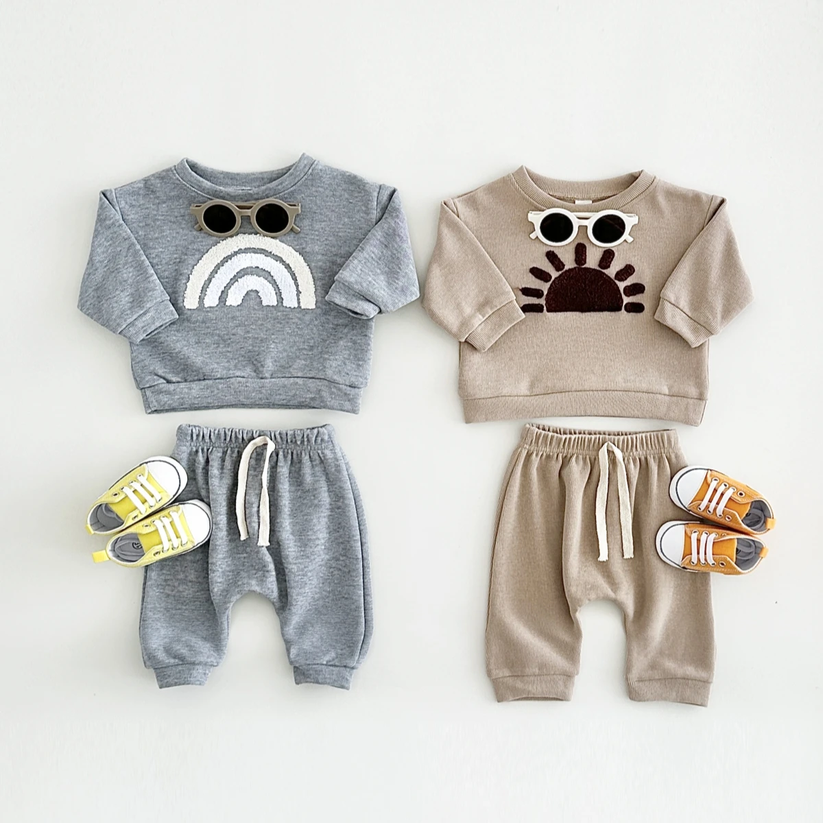 New Spring Autumn Boys Girls Infant Baby Set 2Piece Sun Rainbow Embroidery Long Sleeve Pants Newborn Baby Sports Leisure Set