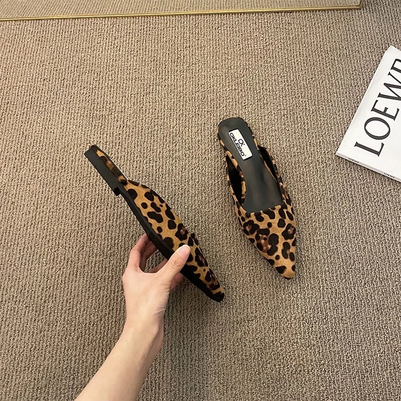 

Women Slippers Pointed Toe Leopard Design Shallow Slip on Thin Low Heels Black Flock Design Casual Mules Loafers Black Outdoor