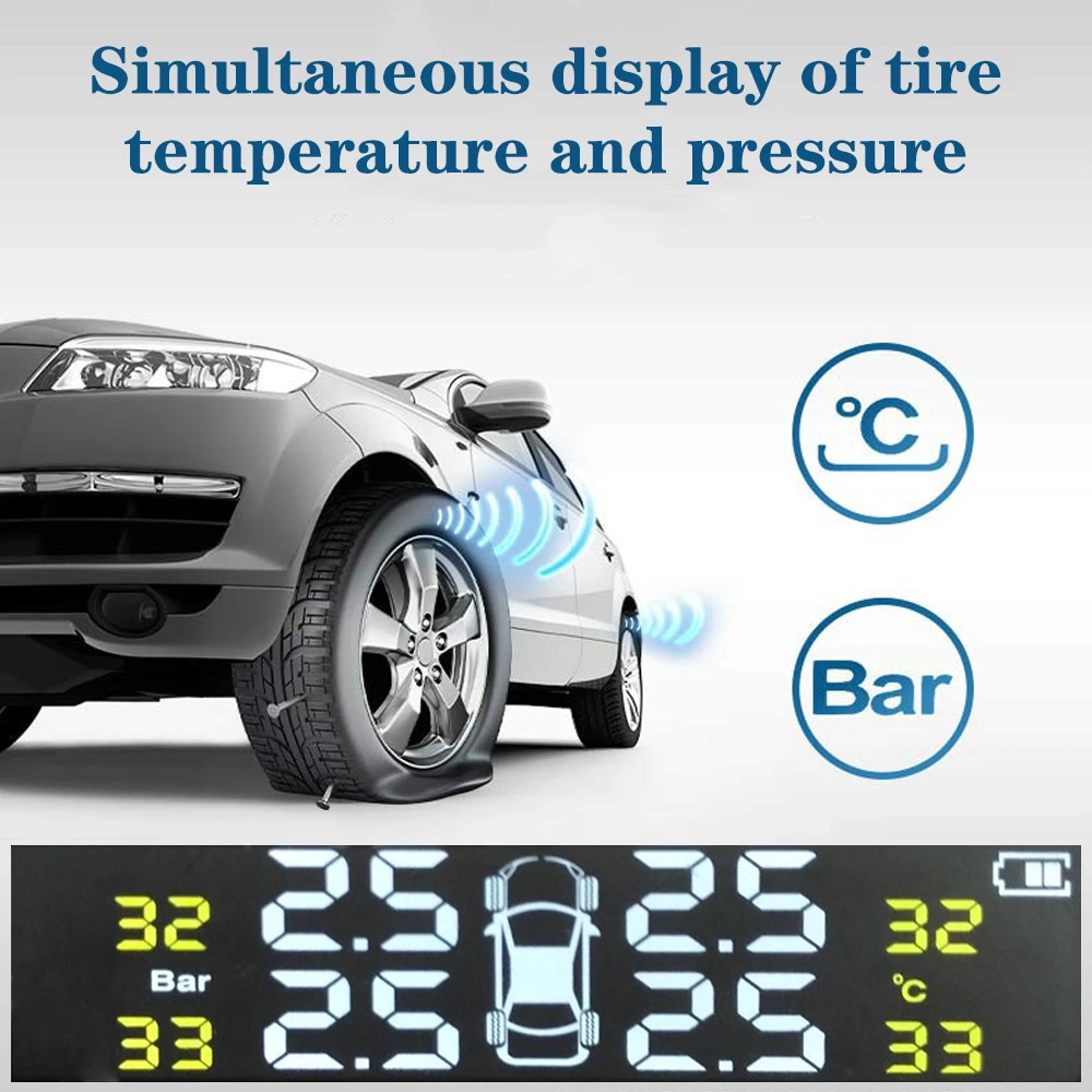 Wireless Tire Pressure System Car TPMS USB Solar Powered + 4 External Sensors LCD Display Intelligent Temperature Warning