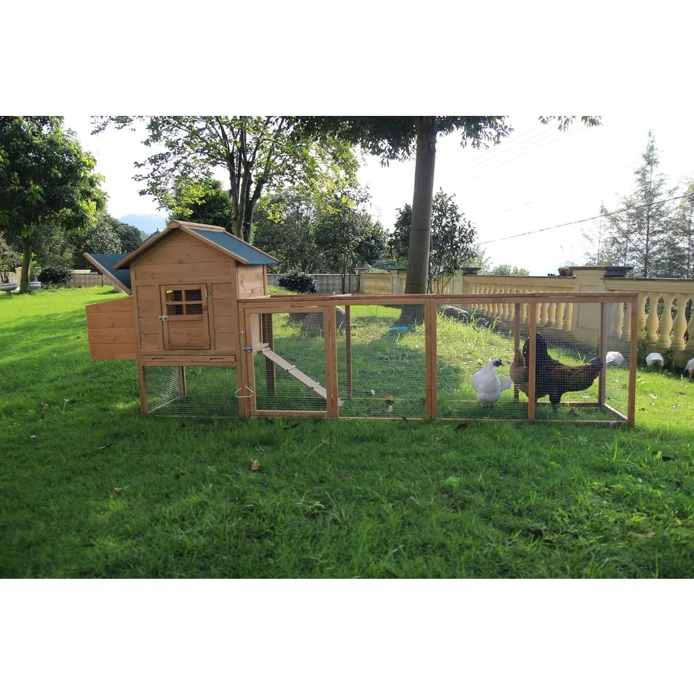 

Outdoor Chicken Coop Wooden Hen House Poultry Pet Hutch Run Cage w/Waterproof Asphalt Roof, Ramp, Nesting Box, Wire Fence (120")