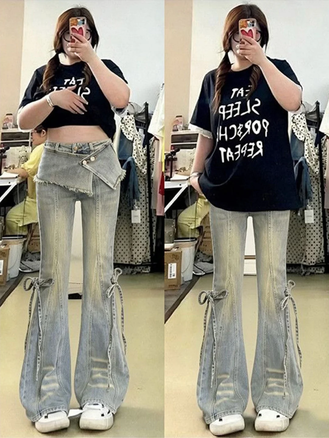 

Summer New Style American Retro High Street Blue Jeans Women's Bell Bottoms Design Sensation Meat Covering Long Trousers