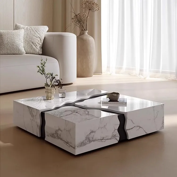 

Marble coffee table minimalist villa large flat floor living room design creative square coffee table light luxury