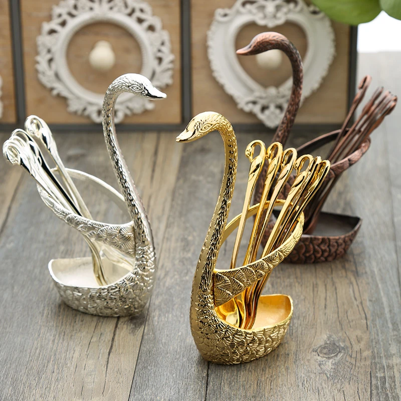

Swan Base Holder Fruit Forks Set Stainless Steel Salad Dessert Forks Spoon Coffee Cake Tools Tableware