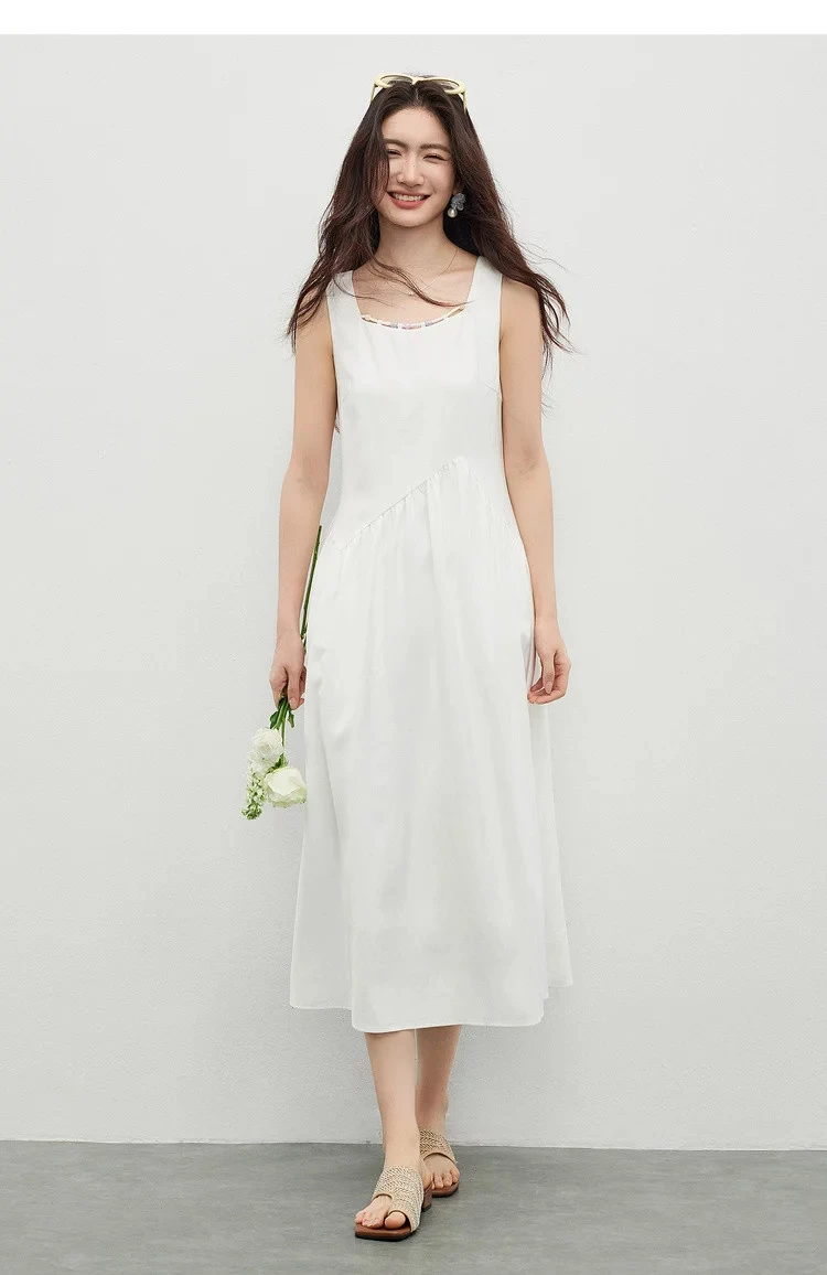 SENTUBILA Damen Ärmelloses Midikleid 2026 Sommer Elegantes Minimalistisches Ausgeschnittenes Perlenbesetztes Kleid mit Quadratischem Ausschnitt und Plissee-A-Linie 162LP6225 – Detail 25
