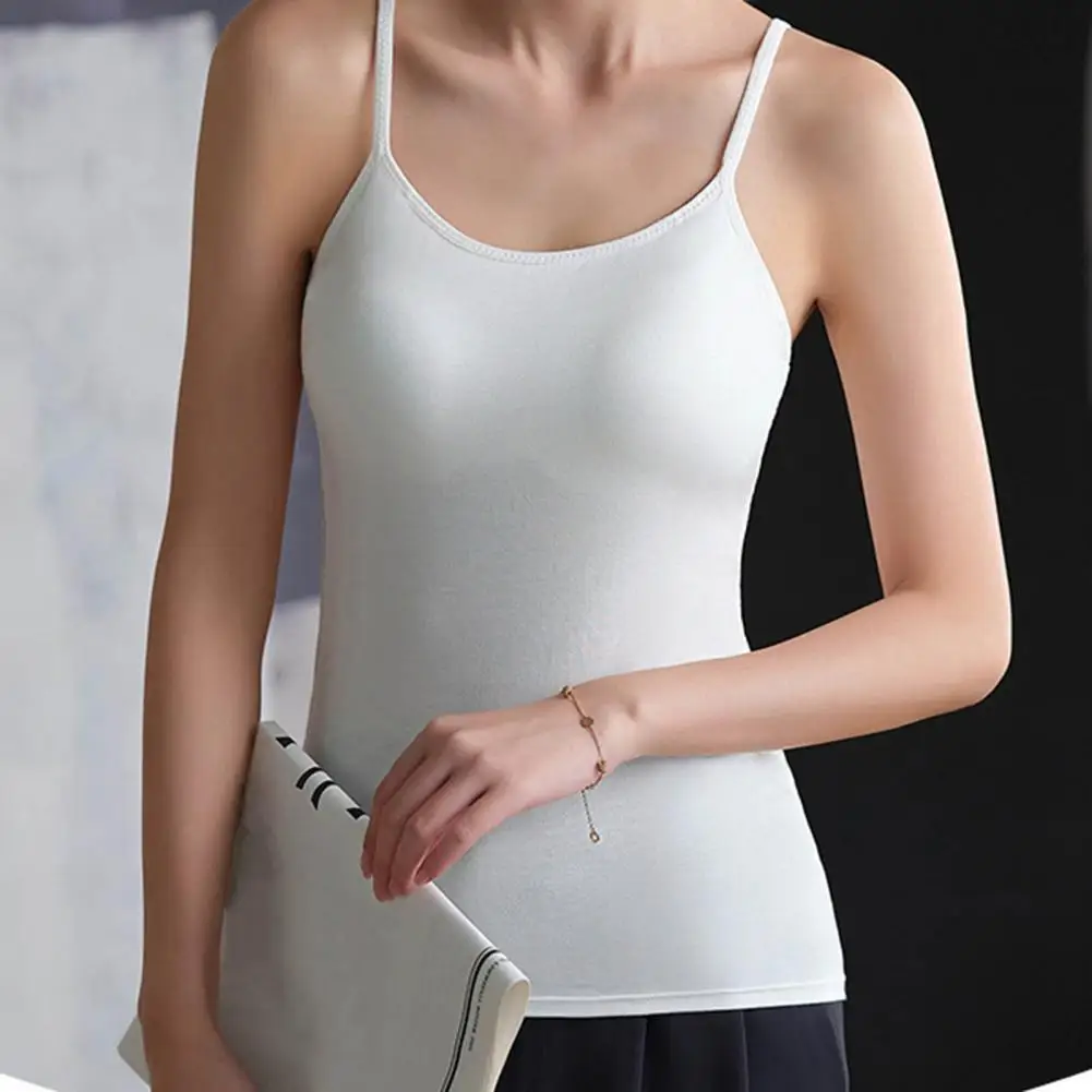 Women Camisole Tank Top With Built In Bra Spaghetti Strap Scoop Neck Padded Basic Cami Shirt Summer Casual Sleeveless Workout