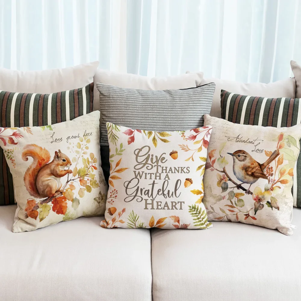 Fall Thanksgiving Pillow Cover Maple Squirrel Bird Design Thanksgiving Cushion Cover Happy Autumn Harvest Decor Holiday Decorat