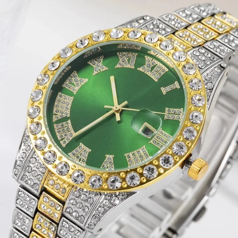 With Date Quartz Movement Sunray Dial Full Crystal Shine Your Eyes Silver Watch Blinged Out Women Men Bling Watch