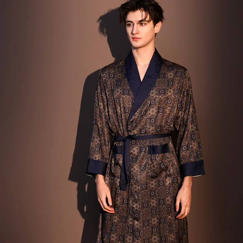Fashion Lapel Nightgown Men's Casual Robe Kimono Bathrobe Satin Jacquard Yukata with Belt Spring Summer Sleepwear Home Clothes