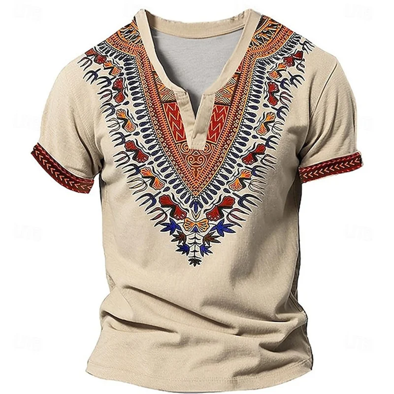 

African Pattern V Neck Men's Ethnic Style 3D Printed T-Shirt Henley Casual Fashion Everyday T-Shirt Khaki Gray Short 5XL