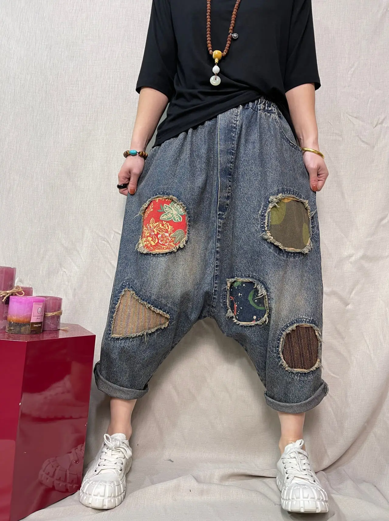 

Denim Cross-pants Women High Waist Nine Points Harem Blue Jeans Boyfriend Hip Hop Street Drop Crotch Baggy Loose Trousers