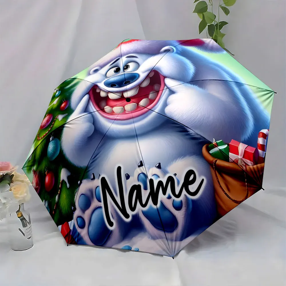 Custom Name Festive Polar Bear Umbrella with Christmas Tree Design Print 8Iron Ribs Folding Umbrella Auto-Open Fashion Sunshade