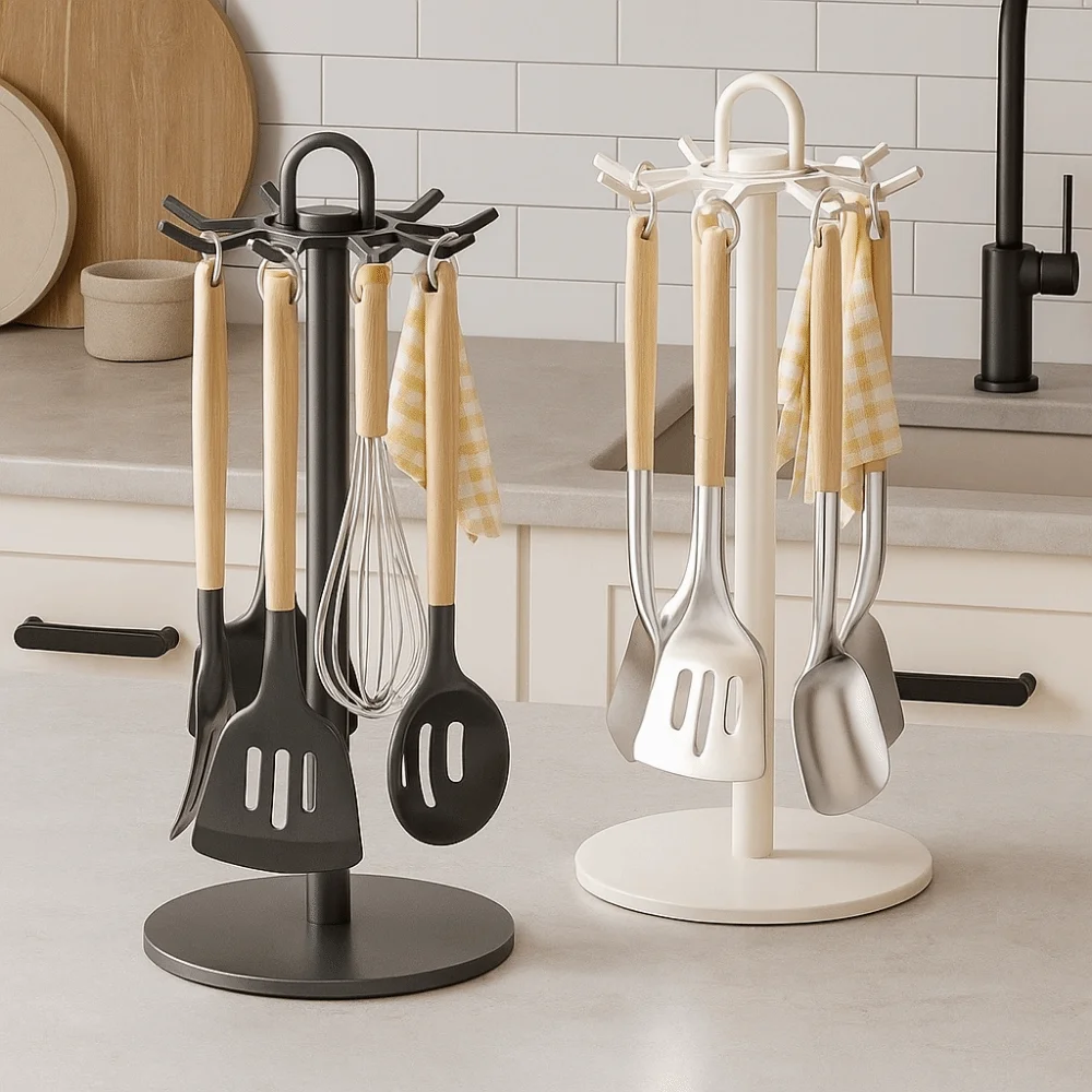 

8 Hooks Rotating Utensil Storage Rack Stable Base Movable Spatula Storage Rack with Water Tray Pot Shovel Rack Kitchen