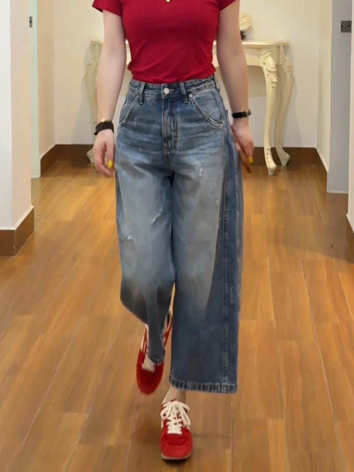 Blue Washed Wide Leg Denim Jeans Women's Summer New Style 2026 Slimming Hollow out Straight Cut Nine Point Pants