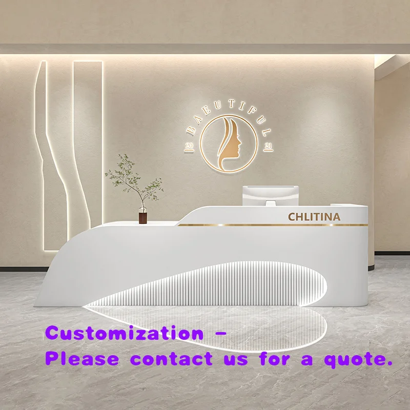custom.Modern Minimalist MDF Curved Reception Desk LED Light Hotel Clothing Store Beauty Salon Nail Salon Bar Shop Cas