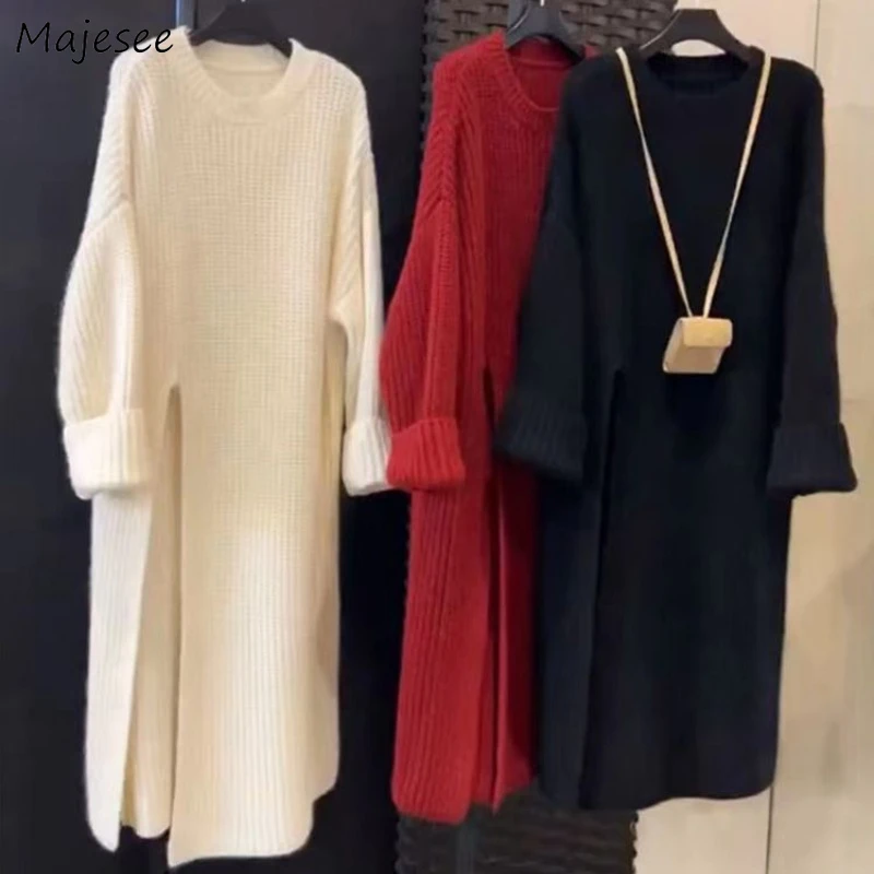 Knitting Long Dresses Women Korean Side-slit Loose Autumn Winter Minimalist Feminine Tender Temper Dress Stylish Classic Basic