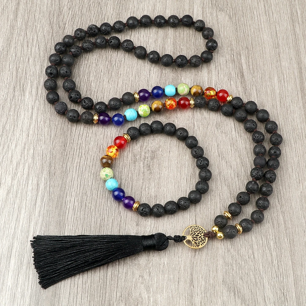 Luckly 7 Chakra Beaded Necklaces & Bracelets 8mm Japamala Matte Black Onyx Stone Necklace Sets Women Men Meditation Yoga Jewelry