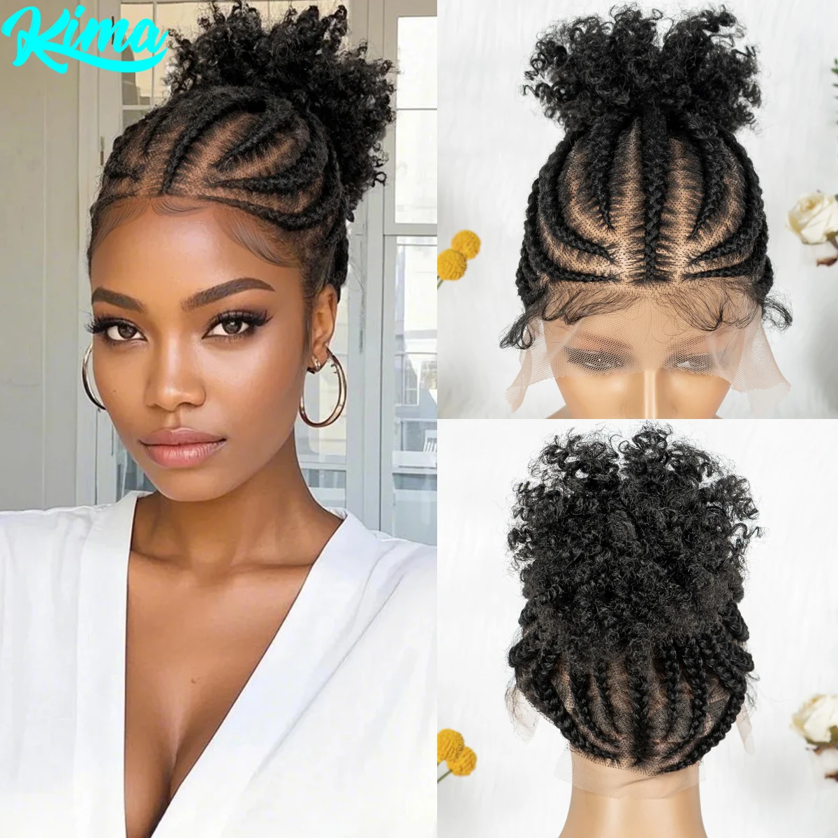 Full Lace Cornrow Braided Wigs Synthetic Braids Wig with Baby Hair Short Afro Curly Knotless Braided Lace Wig for Black Women