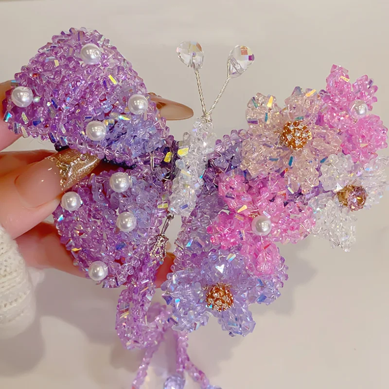 New Chinese Style Hand Woven Crystal Butterfly Hair Clip Hanfu Edge Clip Headwear Luxury Hairpin Women Barrettes Hair Accessory