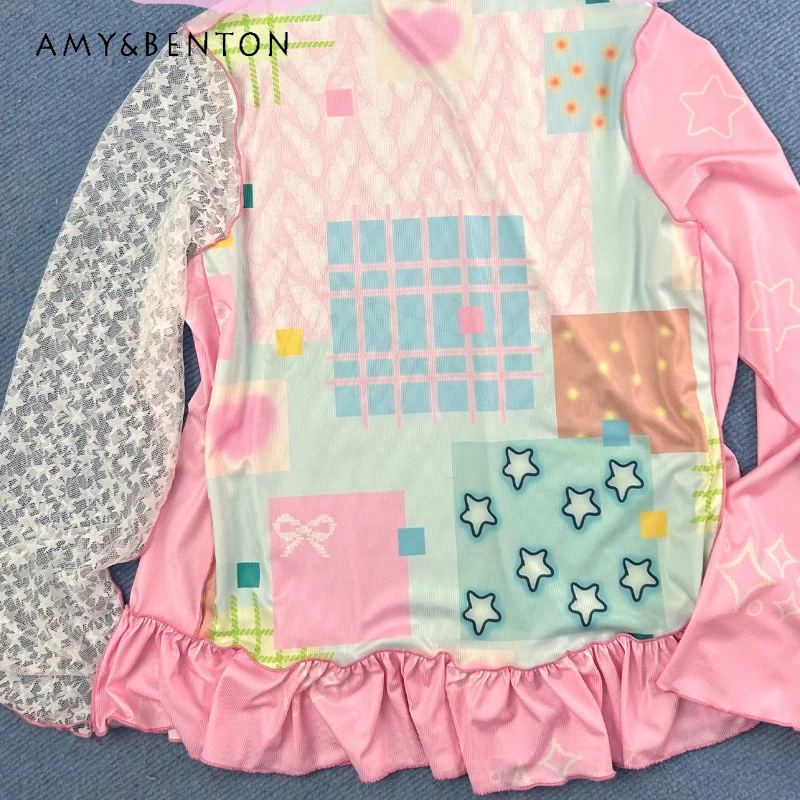 

Original Design Colorful Splicing Lace Women's Long-sleeved Top 2026 Spring New Sweet Cool Y2k Loose Versatile T-shirt Ladies