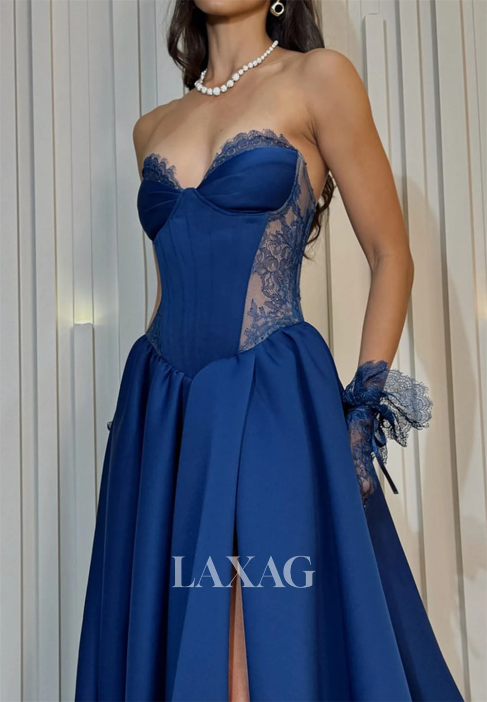 

Contessa Customized Strapless Sweetheart Lace Corset Evening Dress Sexy robes de soirée Dramatic A Line High Slit Full Ball Gown
