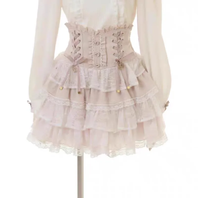 NONSAR Japanese High Waist Drawstring Slim Cute Sweet Lolita Skirt Women Multi-Layer Lace Bow Cake Skirts Summer Pleated Skirt