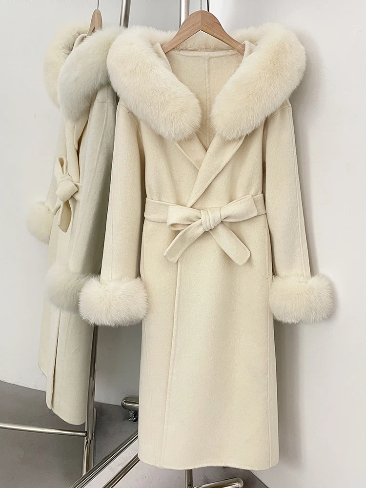 جديد 2025 ملابس خريف وشتاء طويلة مع قلنسوة للسيدات بأكمام طويلة سترة صوفية من فرو الثعلب الحقيقي أصفاد من الفرو الطبيعي معطف صوف للنساء
