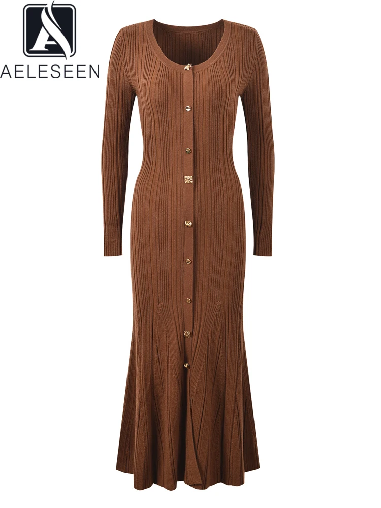 

AELESEEN Elegant Long Knitted Dress Women Autumn Winter O-Neck Full Sleeve Solid Single-breasted Slim Vintage Party Trumpet