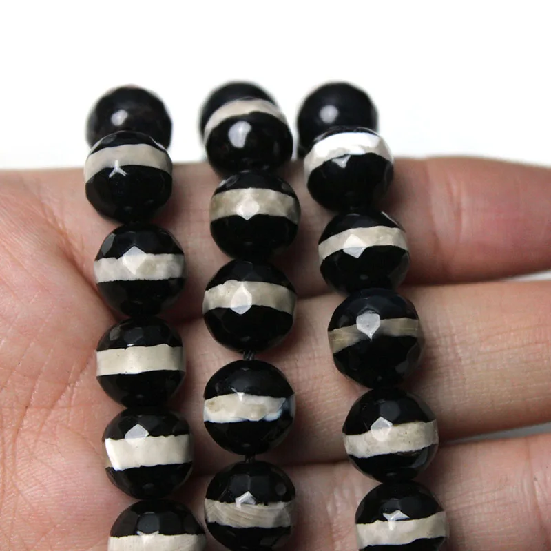 Natural Stone Faceted White Lines Black  Agates Round Loose Beads 15\