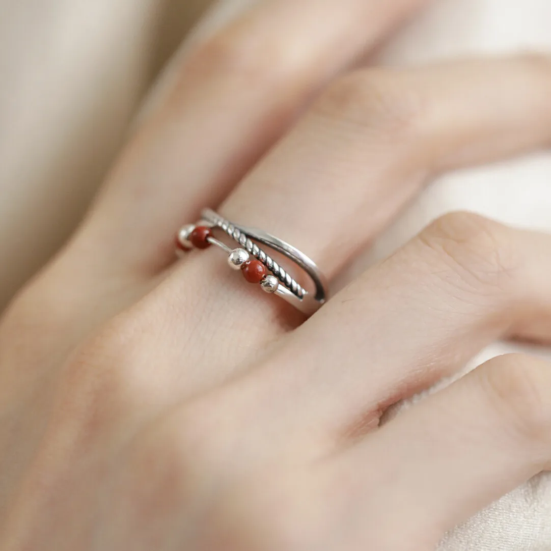 silver 925 Retro New In Couple Ring South Red Agate Round Beads Movable Three Layer rings for women Adjustable Party Jewelry