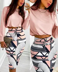 Women Printed Skirt and Long Skirt Set Summer Short Skirt Long Sleeve Women Top Printed Casual Set Sweet and Elegant Set