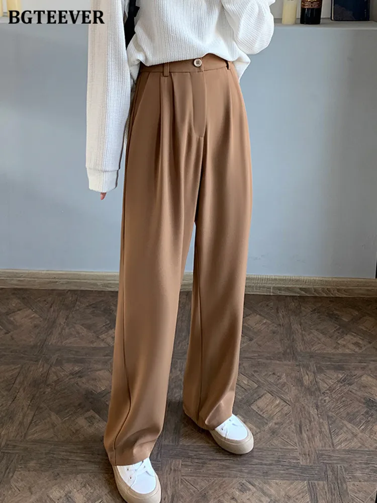 BGTEEVER Casual High Waist Button Solid Wide Leg Trousers Women Elegant Loose Female Long Suit Pants Spring Summer