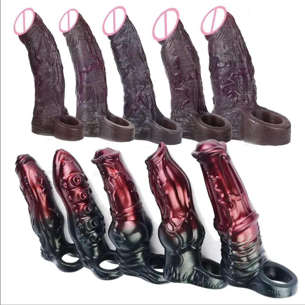 FAAK Black Fantasy Silicone Male Hollow Dildo Adult Sex Toys Realistic Penis Sleeve Extender Enlarger with Cock Ring for Men