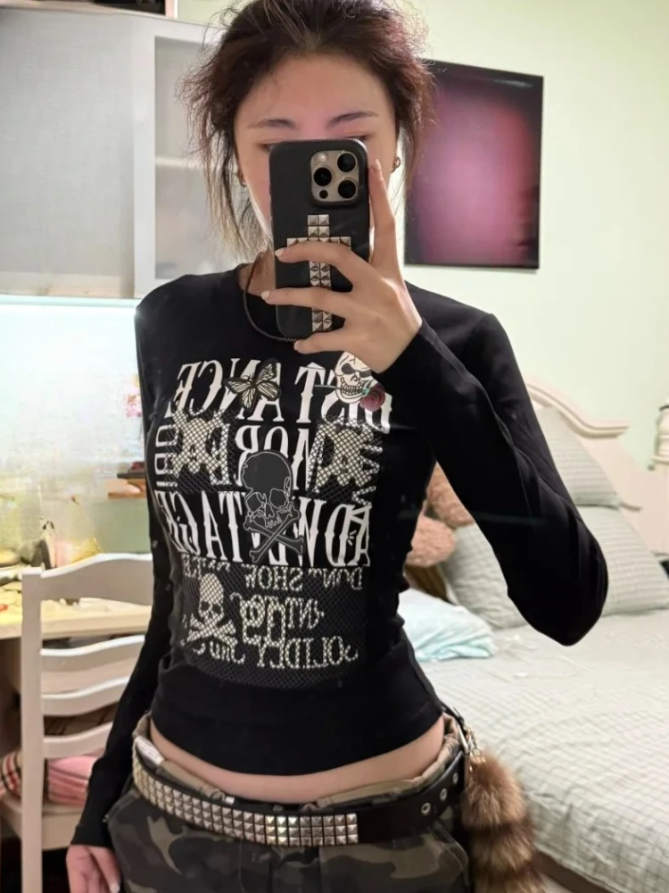 

Subculture Y2k Long Sleeve T-Shirt Harajuku O-Neck Tops American Vintage Skulls Print Casual Gothic Autumn Tees Punk Style